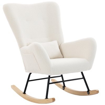 HOMCOM Poltrona Baloiço em Borrego Poltrona para Amamentação com Encosto Acolchoado Almofada e Base de Madeira de Borracha 67x82x100 cm Creme