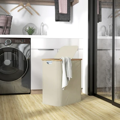HOMCOM Panier à Linge Double 80L Pliable Beige avec Couvercle