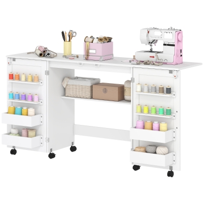 HOMCOM Table de Couture Pliante avec Étagères et Roulettes Blanc
