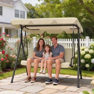 Outsunny Baloiço de Jardim  de 3 Lugares Baloiço com Teto Ajustável Almofada e Estrutura em Aço 172x118x153 cm Bege