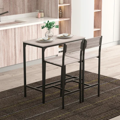 HOMCOM Conjunto de Mesa de Bar com 2 Bancos Conjunto de 3 Peças com 2 Bancos com Encosto e Apoio para Pés Design Industrial Madeira e Preto