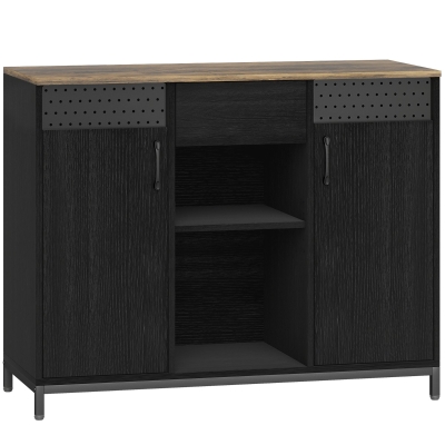 HOMCOM Aparador de 2 Portas com Orifícios 2 Compartimentos e Gaveta Prateleiras Ajustáveis 100x40x80 cm Preto e Castanho Rústico