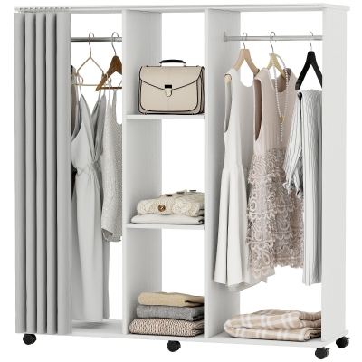 HOMCOM Armoire Penderie Bois Blanc 6 Roulettes 120x40x128 cm