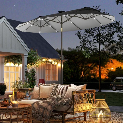 Outsunny Chapéu de Sol Duplo 295x150x219 cm com Luzes LED Solares Teto com Inclinação Ajustável e Manivela Manual para Jardim Cinza