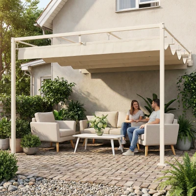 Outsunny Pérgola de Parede para Jardim 3x3 m com Teto Retrátil Proteção UPF30+ e Drenagem, Pérgola para Exterior Bege