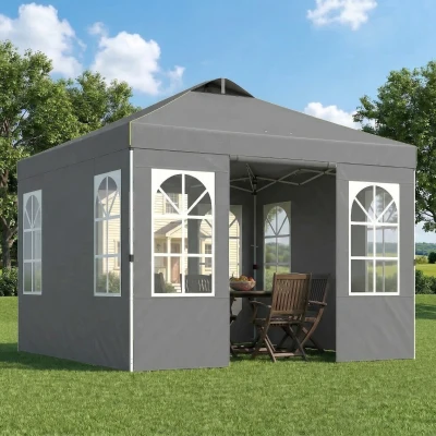 Outsunny Tenda Dobrável 3x3 m Pop-up com UPF50+, 4 Laterais Removíveis, Altura Ajustável e Bolsa de Transporte - Cinzento Escuro