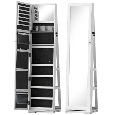 HOMCOM Joalheiro de Pé Armário para Jóias 360° com Fechadura e Espelho Incorporado Carga Máxima 20 kg 38x38x160 cm Branco