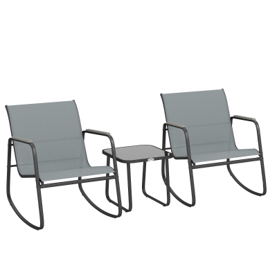 Outsunny Conjunto de Jardim de 3 Peças com 2 Cadeiras de Balanço e Mesa com Tampo de Vidro e Estrutura de Aço para Pátio, Cinza