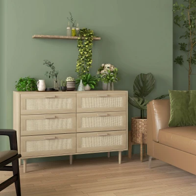 HOMCOM Cómoda para Quarto com 6 Gavetas e Frontal de Vime Pés de Madeira Estilo Bohemio 110x40x75 cm Madeira