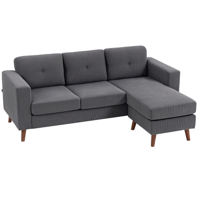 HOMCOM Sofá Chaise Longue Reversível Sofá de Canto em Forma de L de 3 Lugares Estofado em Veludo Cotelê 192x137x84 cm Cinzento Escuro