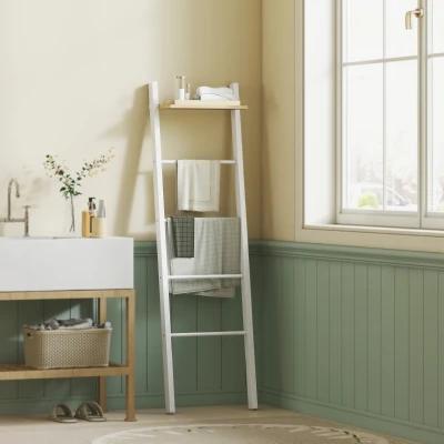 HOMCOM Toalheiro de Escada com Prateleira Superior e 4 Barras Suporte de Toalhas para Encostar na Parede  43x20x151 cm Branco e Carvalho