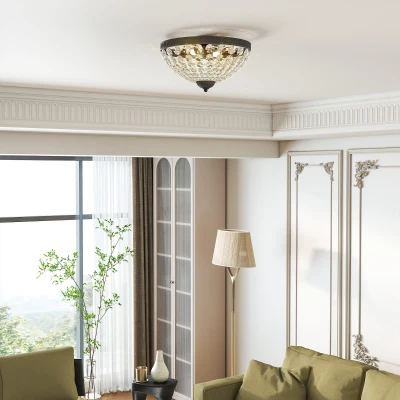 HOMCOM Candeeiro de Teto de Cristal Clássico com 2 Suportes E14 40W Candeeiro de Teto Vintage com 168 Contas de Cristal Ø35x22 cm Preto