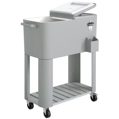 Outsunny Carrito Nevera de 76L con Ruedas Estante Abrebotellas Recogetapas Drenaje y 2 Asas para Patio Fiesta 92x39x81 cm Plata