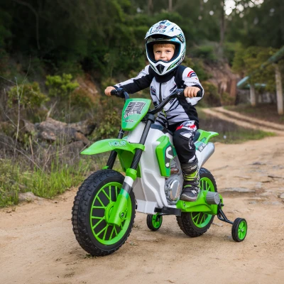HOMCOM Moto Eléctrica para Niños de +3 Años 12V Moto de Juguete Infantil con 2 Ruedas de Equilibrio Velocidad 3-8 km/h Arranque Suave 106,5x51,5x68 cm Verde