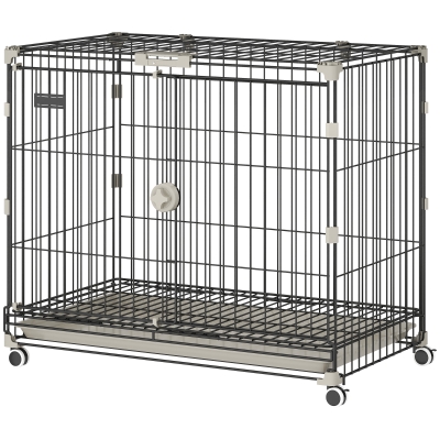 PawHut Cage Chien Pliable Métal Noir 75,5x46x64,5cm Roues Frein