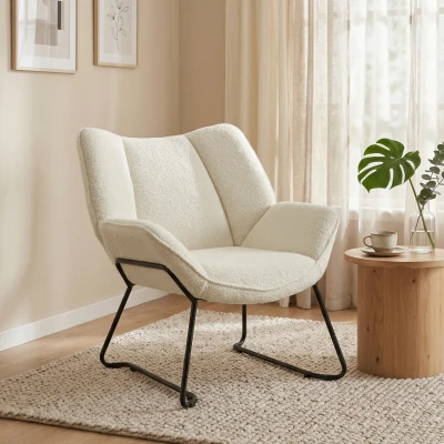 HOMCOM Moderner Akzentstuhl, Sherpa-Fleece gepolsterter Sessel mit breiter Rückenlehne und Stahlbeinen, einfache Montage, Weiß