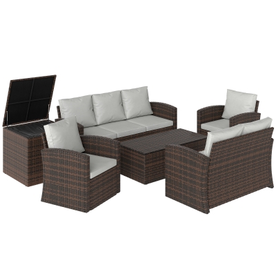 Outsunny Conjunto de Jardim Exterior de Vime 6 Peças Almofadas Sofá Duplo Sofá de 3 Lugares 2 Poltronas 2 Mesas Auxiliares Bege