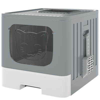 PawHut Foldable Cat Litter Box with Lid Grey