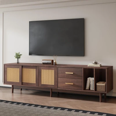 Mobile TV basso con ante in rattan, Marrone