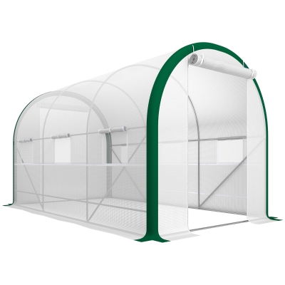Outsunny Tunnel-Gewächshaus, Treibhaus, Reißverschlusstüren, Netzfenster, Metallrahmen, 3,5 x 2 x 2m, Weiß