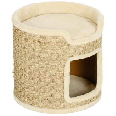 PawHut 37cm Cat Barrel Tower, Small Cat Tree for Indoor Cats with Plush Platform, Khaki