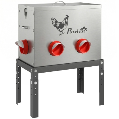 PawHut Futterautomat Hühner 18 kg Füllmenge mit abschließbarer Deckel verstellbarer Beine 6 Öffnungen 42,3x25x55,3 cm Silber