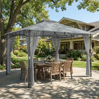 Outsunny Carpa para Jardim com Telhado Duplo Gazebo com Paredes de Rede UPF50+ para Exterior Terraço 360x300x275 cm Cinzento