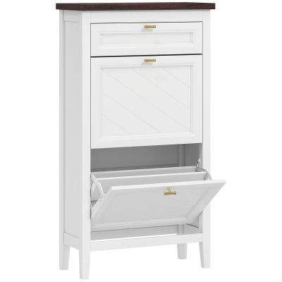 HOMCOM Shoe Cabinet with 2 Flip Drawers, Farmhouse Narrow Shoe Storage Cabinet with Adjustable Shelves, White