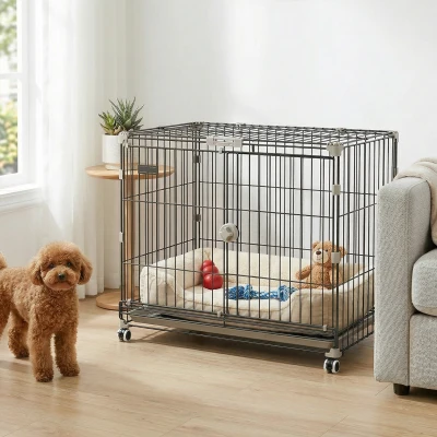PawHut Cage Chien Pliable Métal Noir 75,5x46x64,5cm Roues Frein