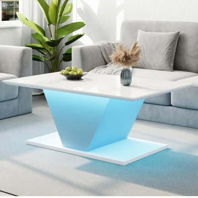 Tavolino da salotto a V con striscia LED, Bianco