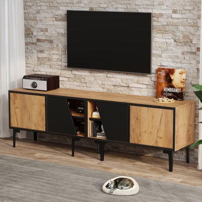 Mobile TV basso con 4 ripiani, Color legno e Nero