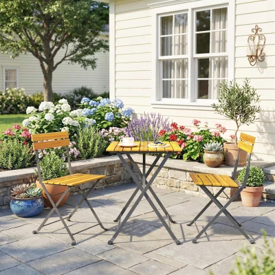 Outsunny Sitzgruppe 3 tlg. Essgruppe für 2 Personen klappbarer Esstisch mit 2 klappbare Stühle für Terrasse Balkon Teak