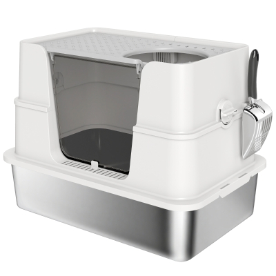 PawHut XL Stainless Steel Litter Box Flip Top Dual Entry