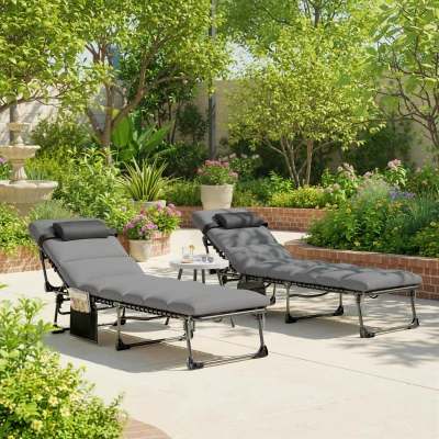 Outsunny Set de 2 Șezlonguri de Grădină Saltea XXL 9cm Reglabil 180° Complet Pliabil în 5 Poziții 200x57x38cm Gri