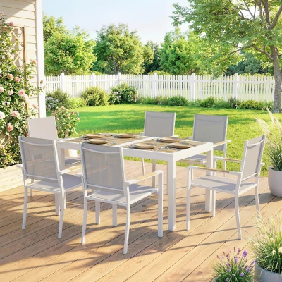 Outsunny Conjunto de Mesa y Sillas Jardín con Mesa de Plástico PSPC y 6 Sillas Apilables Transpirables para Terraza Patio Blanco