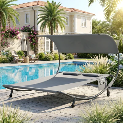 Outsunny Tumbona Doble con Capota Removible, Ruedas, Cojines y Bolsillos Portaobjetos, Gris