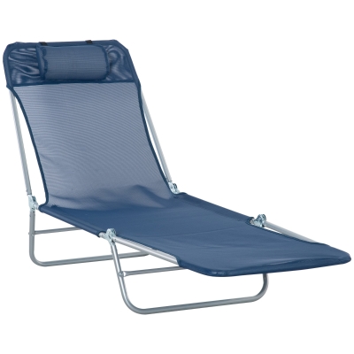 Outsunny Folding Sun Lounger with Head Pillow Dark Blue
