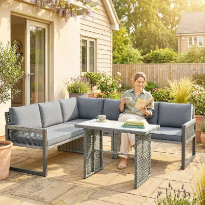 Outsunny Rattan 6-Seater Corner Sofa Set with Table, Grey