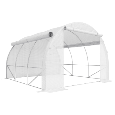 Outsunny 3 x 3 x 2 m Polytunnel Greenhouse with Roll-up Side Walls, Walk-in Grow House Tent with Steel Frame, Reinforced Cover, Zipped Door, and 6 Mesh Windows for Garden, White