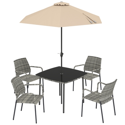 Outsunny Rattan Dining Set 4 Seater Table Chairs Parasol Garden