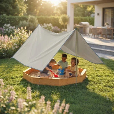 AIYAPLAY Sandkasten mit Dach 4 Sitzbänken Bodenplane für 8 Kinder von 3-8 Jahren für Outdoor Garten Holz 214,5 x 214,5 cm Gelb