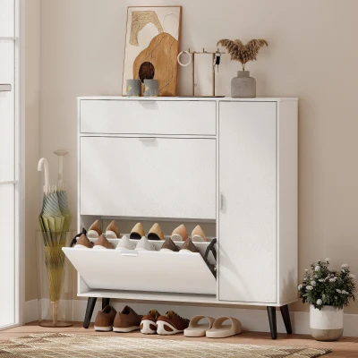 HOMCOM Smalle schoenenkast met 2 klepvakken, schoenenkast met lychee-lederen deuren en verstelbare planken, wit