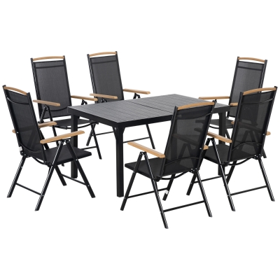 Outsunny Folding Dining Table Set for 6 People 1 Table+6 Chairs Patio Furniture Set Dining Set Aluminum Mesh Black