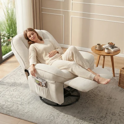 HOMCOM Relaxsessel, Drehbarer Schaukel- und Liegestuhl mit Tiefer Sitzfläche, Dickem Rückenpolster, Einfacher Montage, Creme