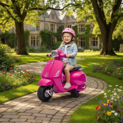 AIYAPLAY Elektryczny Motocykl Dziecięcy Vespa 6V z Bocznymi Kółkami, Reflektorami i Klaksonem, Różowy, 71 x 37 x 52 cm, Dla Dzieci 2-6 Lat