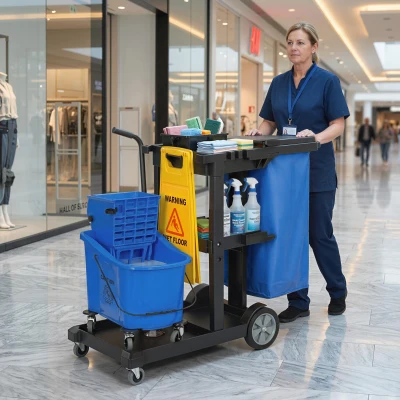 HOMCOM Carro de limpieza rodante, carro con 3 estantes, bolsa de basura de 70 litros, cubo escurridor para mopa, azul