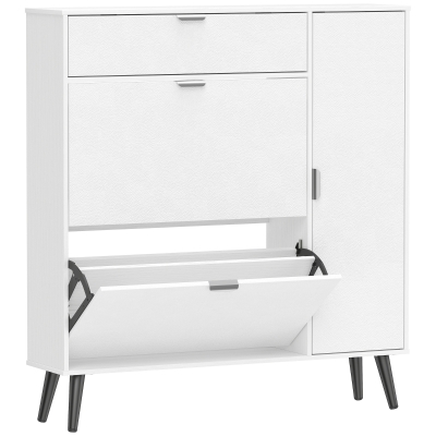 HOMCOM Smalle schoenenkast met 2 klepvakken, schoenenkast met lychee-lederen deuren en verstelbare planken, wit