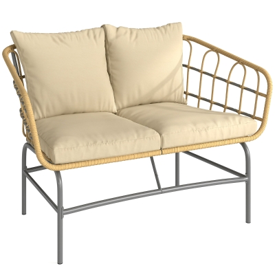 Outsunny Sofá de Jardín 2 Plazas en Resina Trenzada Cojines Gruesos Antideslizantes 120 x 67 x 79 cm Marrón