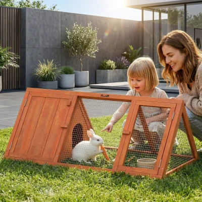 PawHut Wooden Rabbit Hutch with Run Outdoor Triangle House
