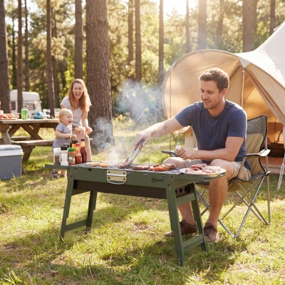 Outsunny Portable Foldable Charcoal Grill with Shelves Green